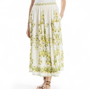 Max Studio Women’s Border Print Maxi Skirt Linen Blend Natural Lemon Elegant